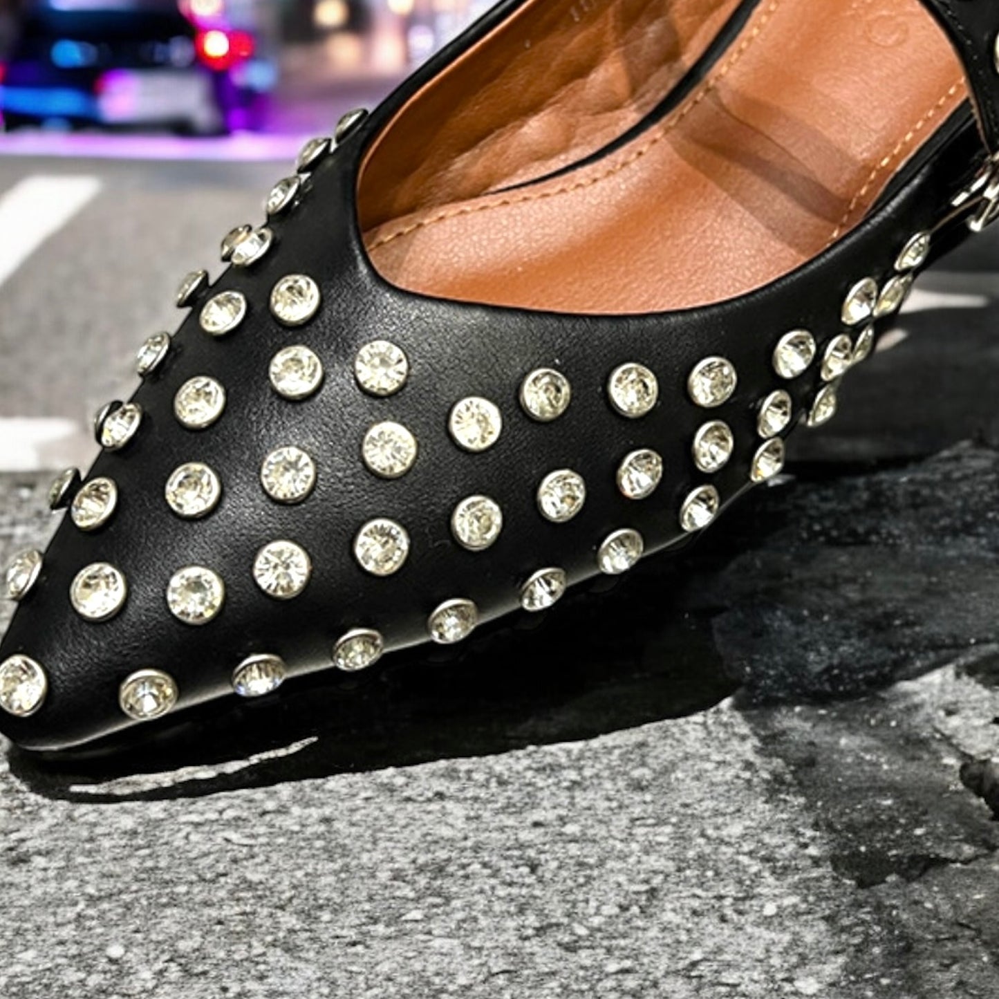 2025SS Rhinestone Studs Pointed Toe Flat Shoes with Adjustable Strap in Gold Sliver / Black / Cream