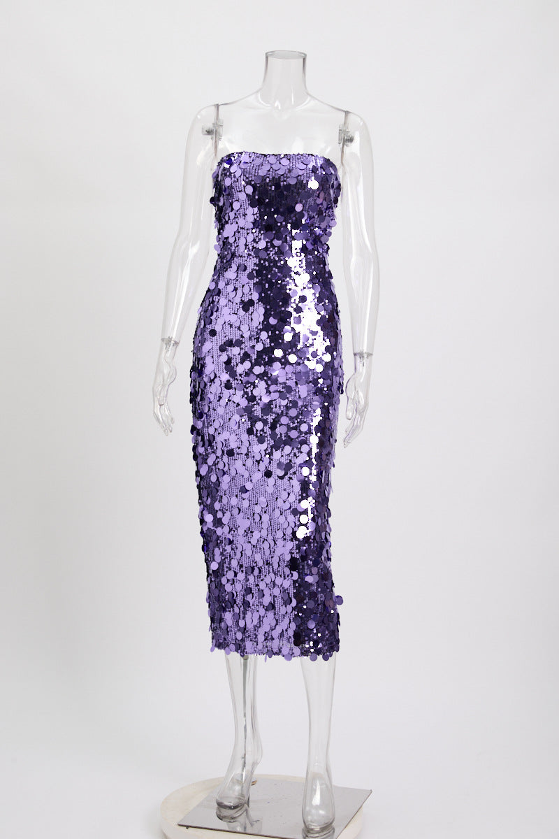 Robe fourreau mi-longue bustier à sequins en violet/noir