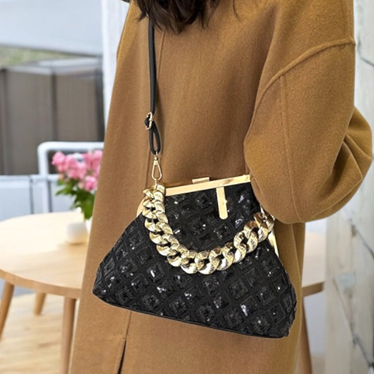 2025 Sequin Metallic Textured Metal Chain Convertible Shoulder Strap Handbag in 5 Trendy Colours