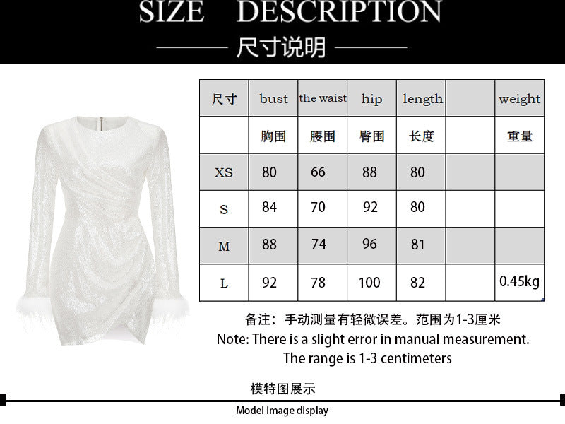 PRE ORDER | High Quality Ruched Sequin Cuff Feather Trim Round Neck Semi-Sheer Mini Dress