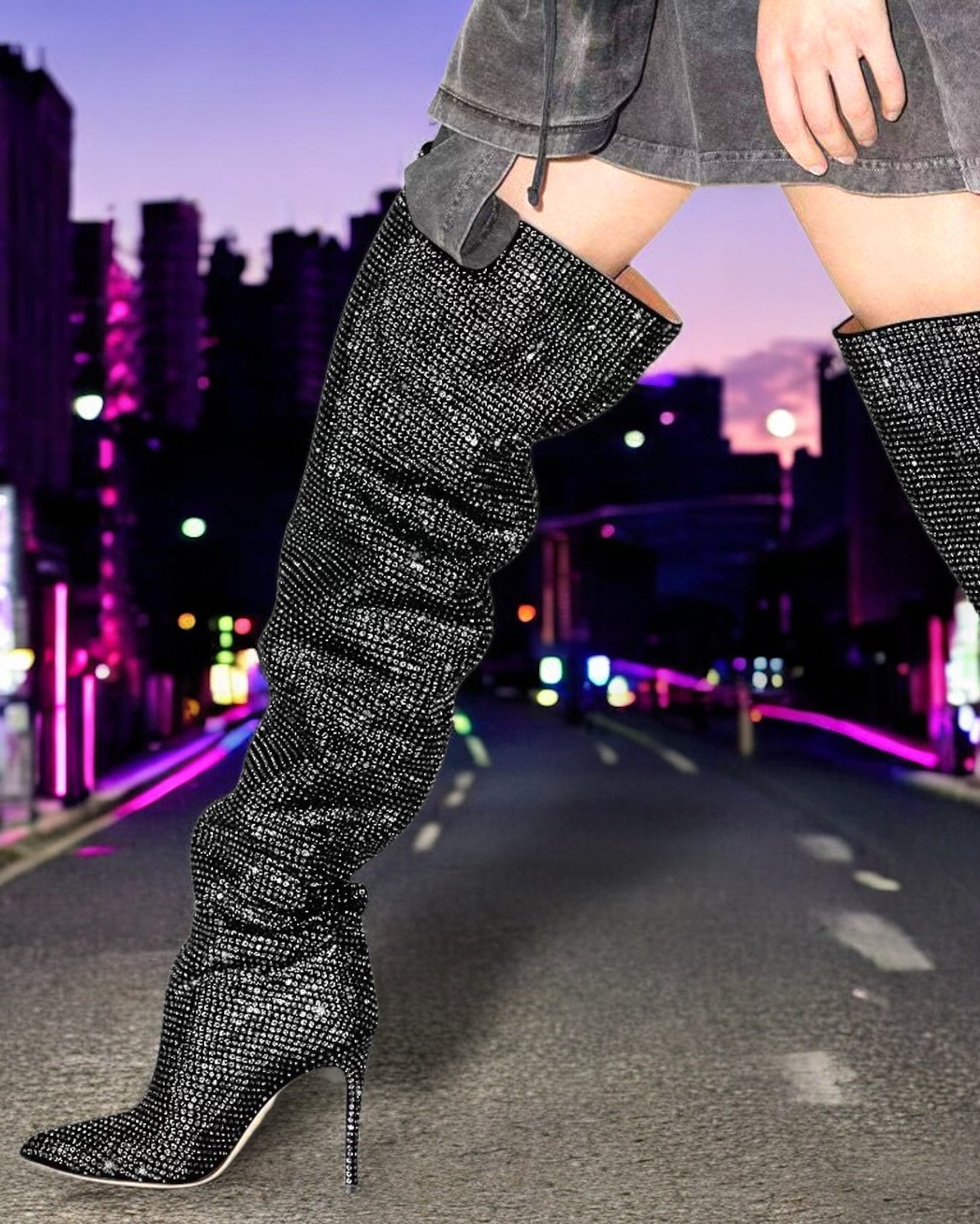 Starry Rhinestone Pointed Pleated Over-the-knee High Heel Boots (8.5 cm / 11.5 cm) in 3 Trendy Colours (Customization)