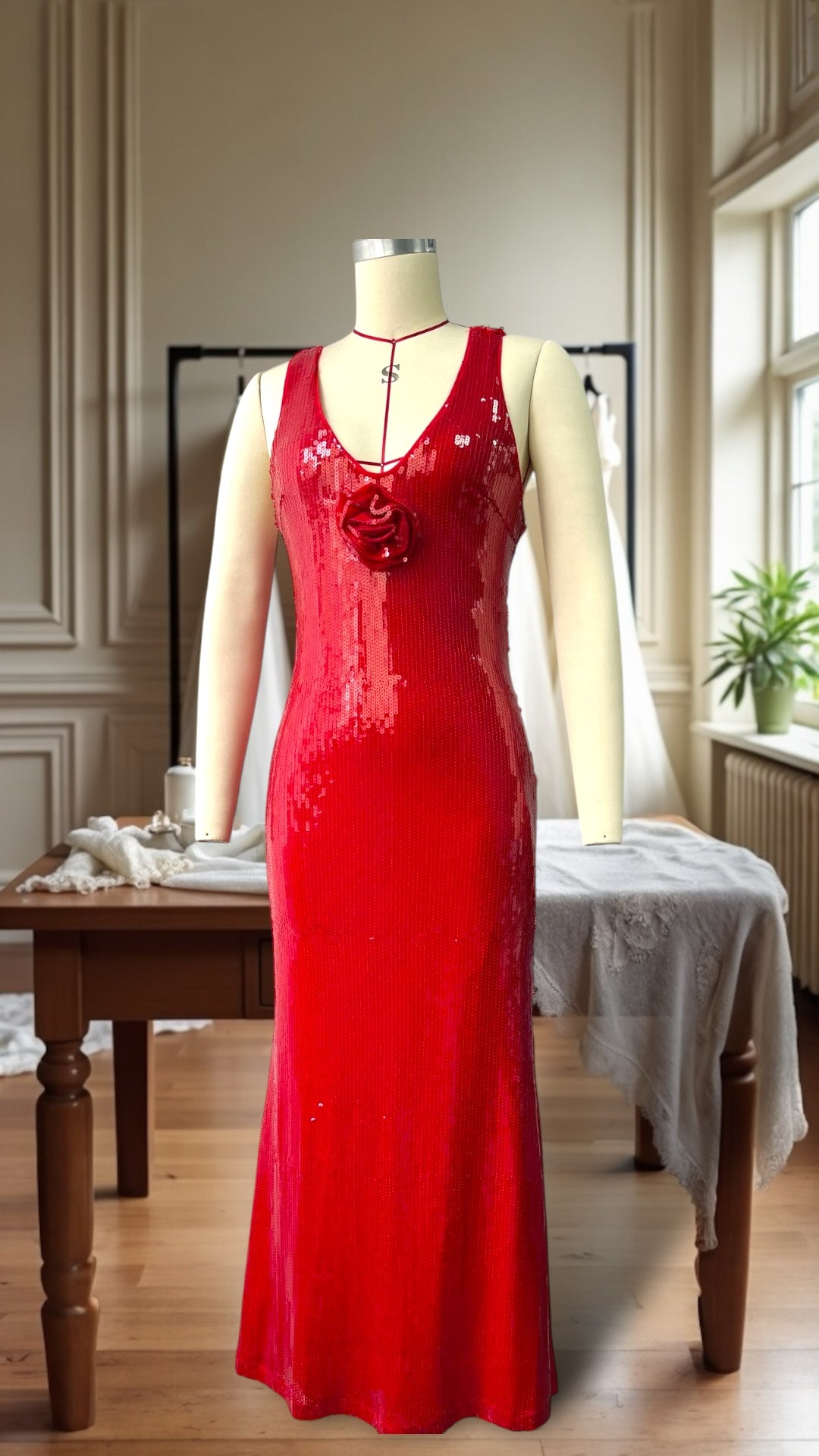 2024AW Sequin V-Neck Cross-Back Maxi Dress w/ Removable Ornament in 3 Trendy Colours