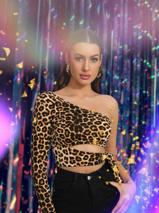 Leopard One-Shoulder Cutout Crop Top