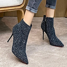 2024 AW Sparkling Fabric Pointed Toe Medium High Heel Boots (8cm) with Lining in 2 Colours