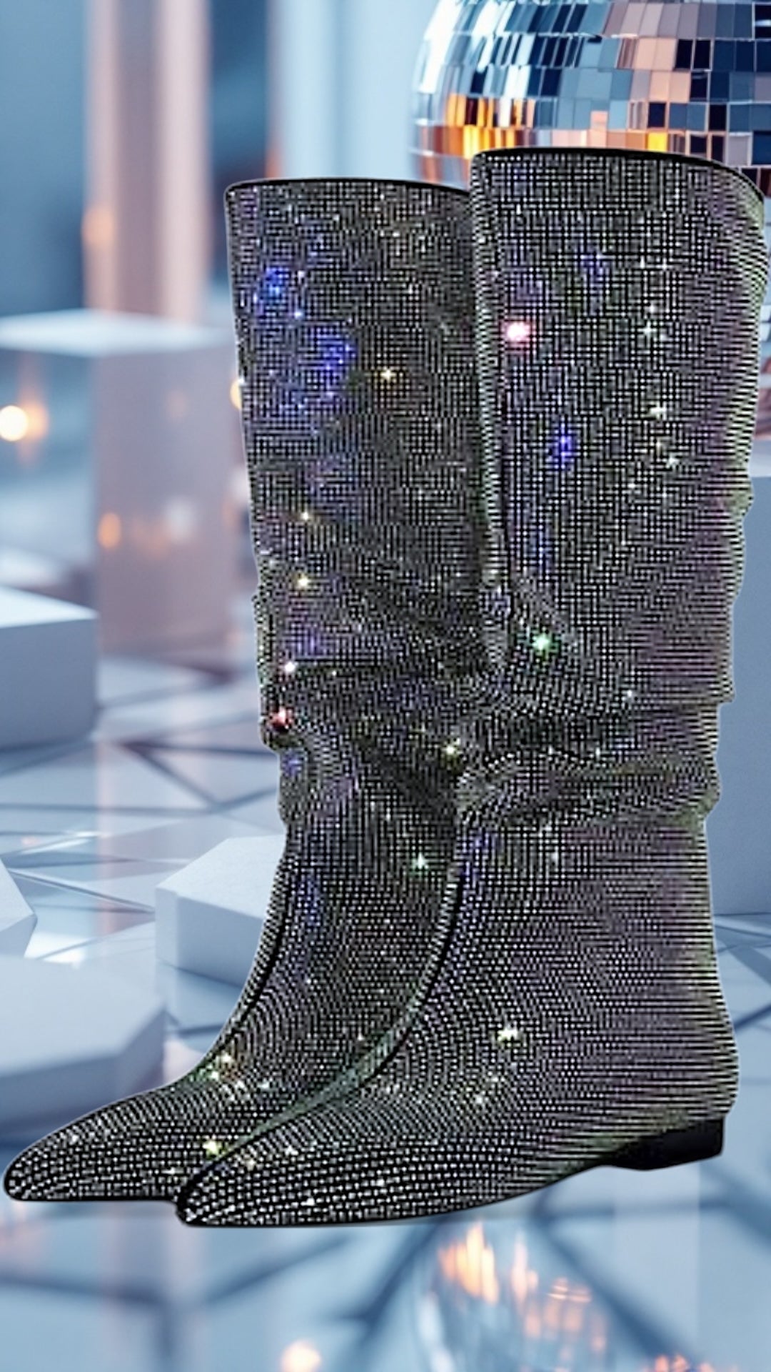 High -quality Starry Rhinestones Pointed Toe Length Knee High Boots