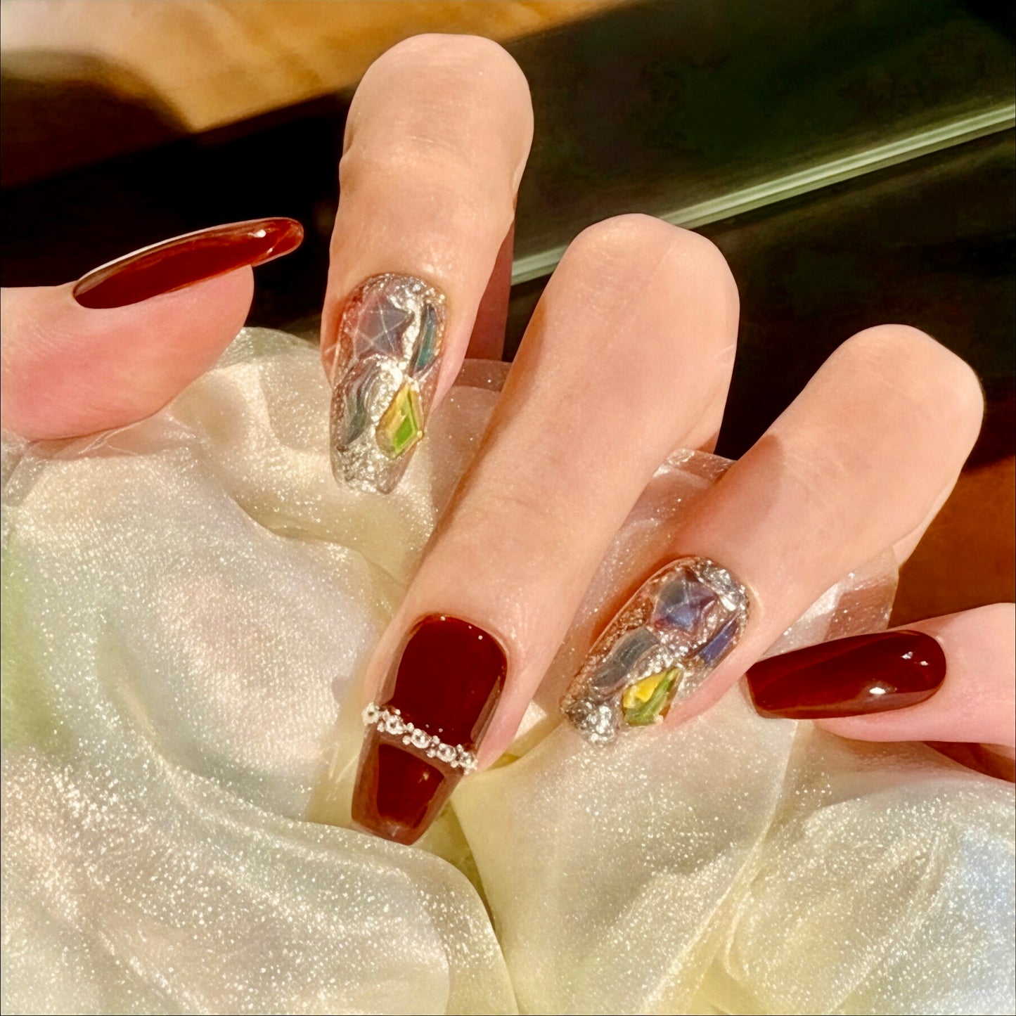 2025 Lunar New Year Burgundy and Glitter Gold and Pearl Glue-On Fake Nail Set ($100 for 5 Sets)