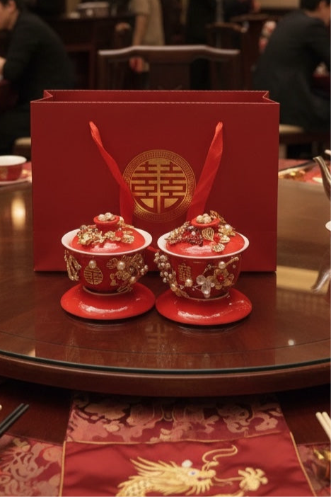 طقم مكون من وعاء شاي سيراميك ثلاثي الأبعاد مصنوع يدويًا من الذهب واللؤلؤ، يحمل شعار "السعادة المزدوجة"، مع غطاء وصحن وصينية.