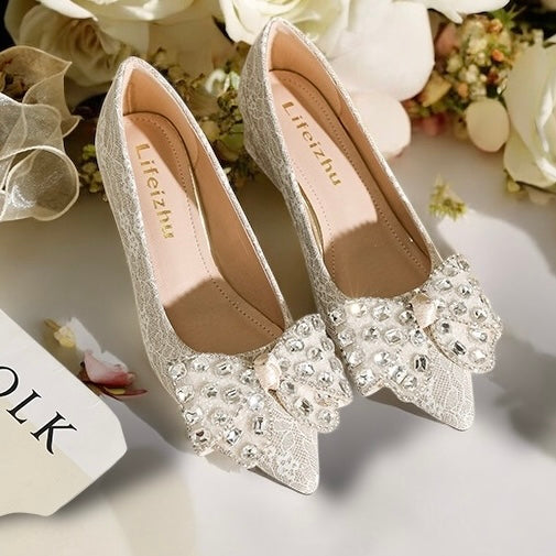 2025SS Metallic Brocade Pointed Toe Block Heels (5 cm) with Gems Decorative Bow in Black and Cream