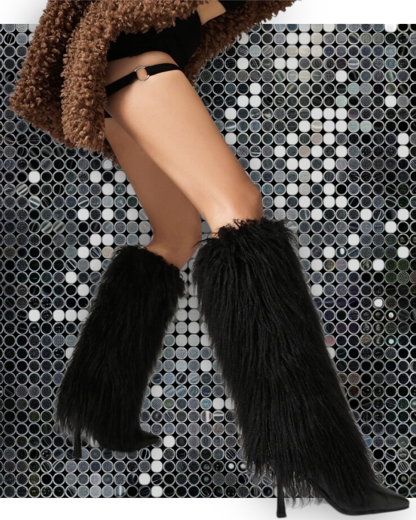 2024AW Pointed Knee-high High Heel Boots with Faux Fur Around in Hot Pink / Black (Customization)