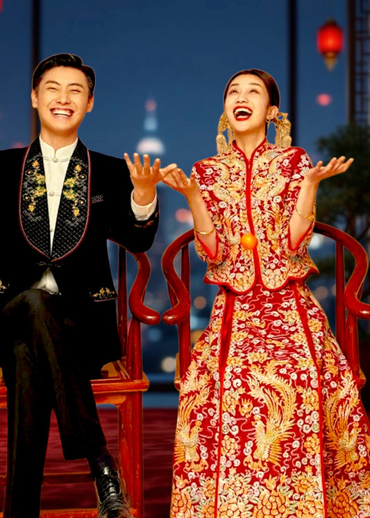 BRIDAL DRESS ｜Elegant Mandarin Collar Chinese Golden Dragon Phoenix Rhinestones / Embroidery Wedding Dress in 2 Skirt Styles； 2XL Plus Size