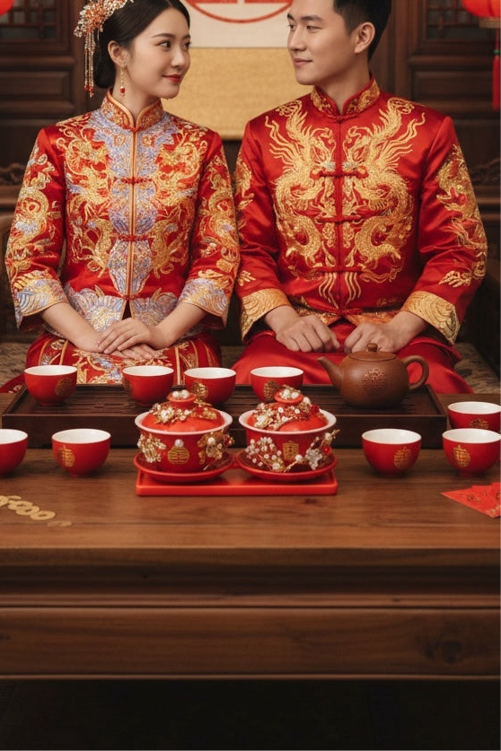 طقم مكون من وعاء شاي سيراميك ثلاثي الأبعاد مصنوع يدويًا من الذهب واللؤلؤ، يحمل شعار "السعادة المزدوجة"، مع غطاء وصحن وصينية.