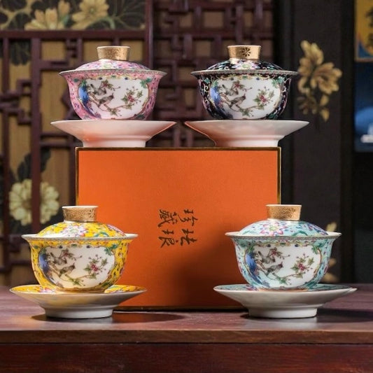 Jingdezhen Enamel Ceramic Gaiwan Chinese Tea Bowl 200ml Set & Cylinder Tea Cup 100ml in 4 Ancient Art Designs