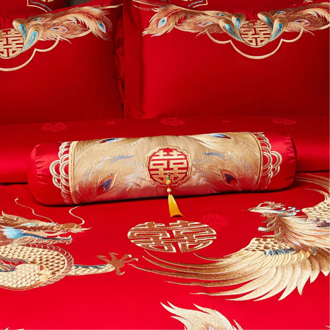 Embroidered DOUBLE HAPPINESS in Gold Decorative Bolster Throw Pillow with Detachable Zipper Cases in 12 Luxurious Designs