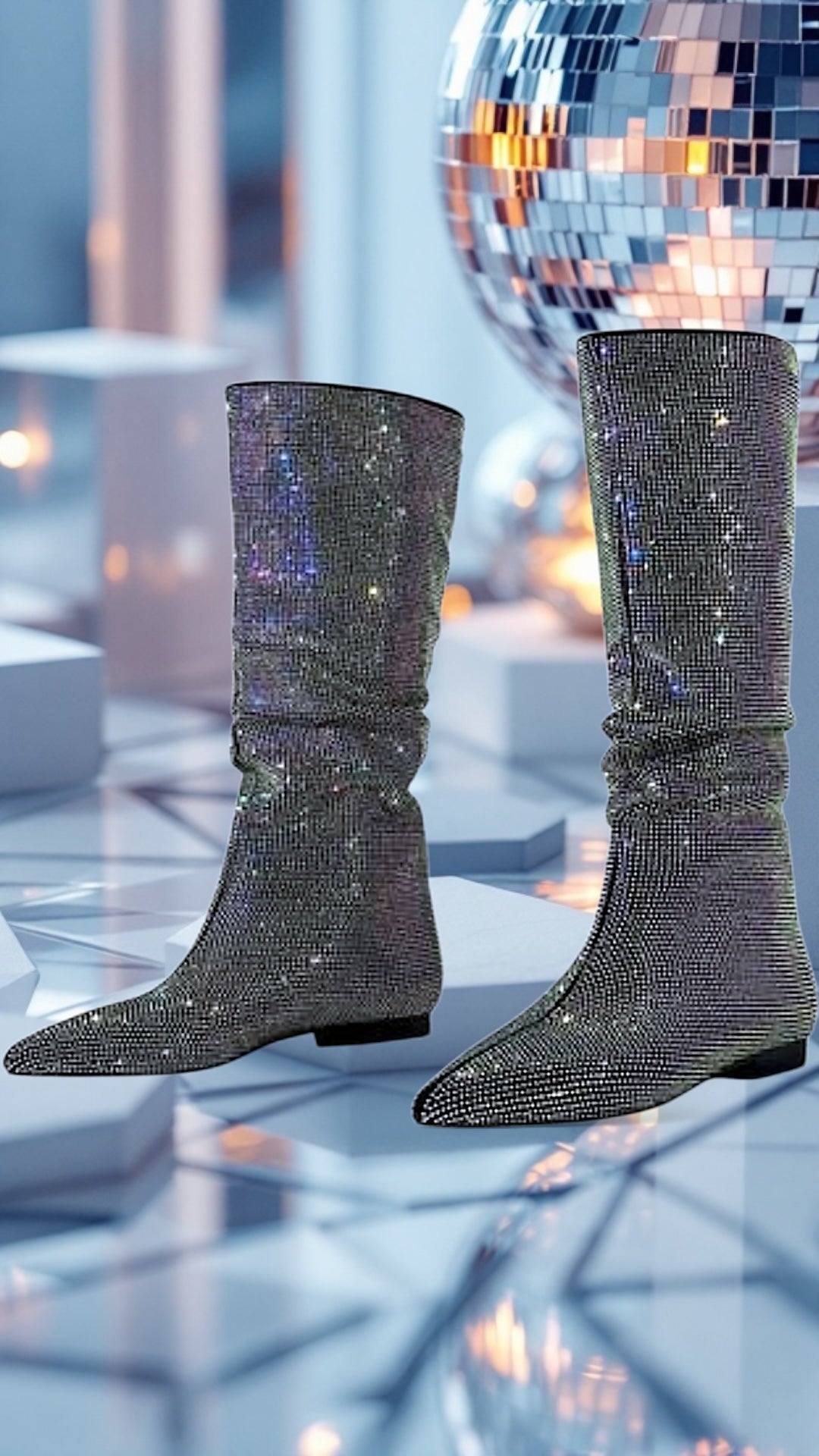 High -quality Starry Rhinestones Pointed Toe Length Knee High Boots