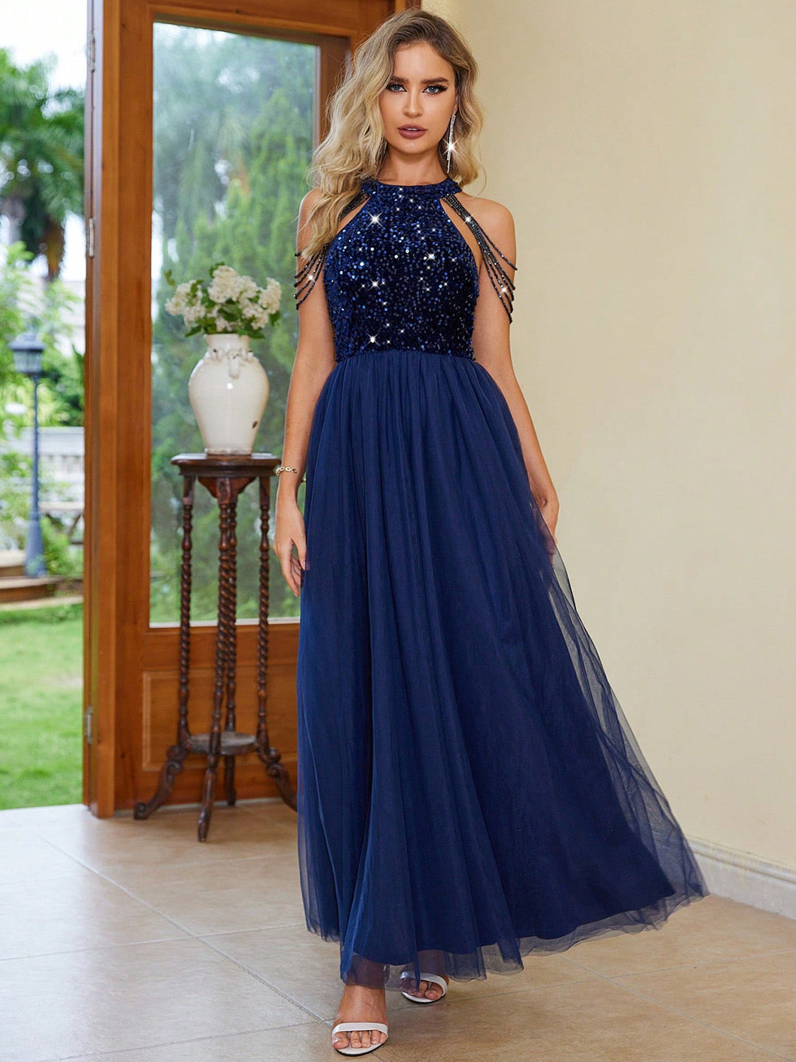 Backless Halter Neck Dress in Dark Blue