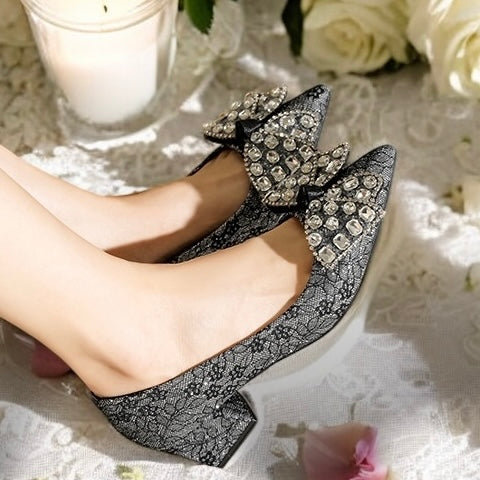 2025SS Metallic Brocade Pointed Toe Block Heels (5 cm) with Gems Decorative Bow in Black and Cream