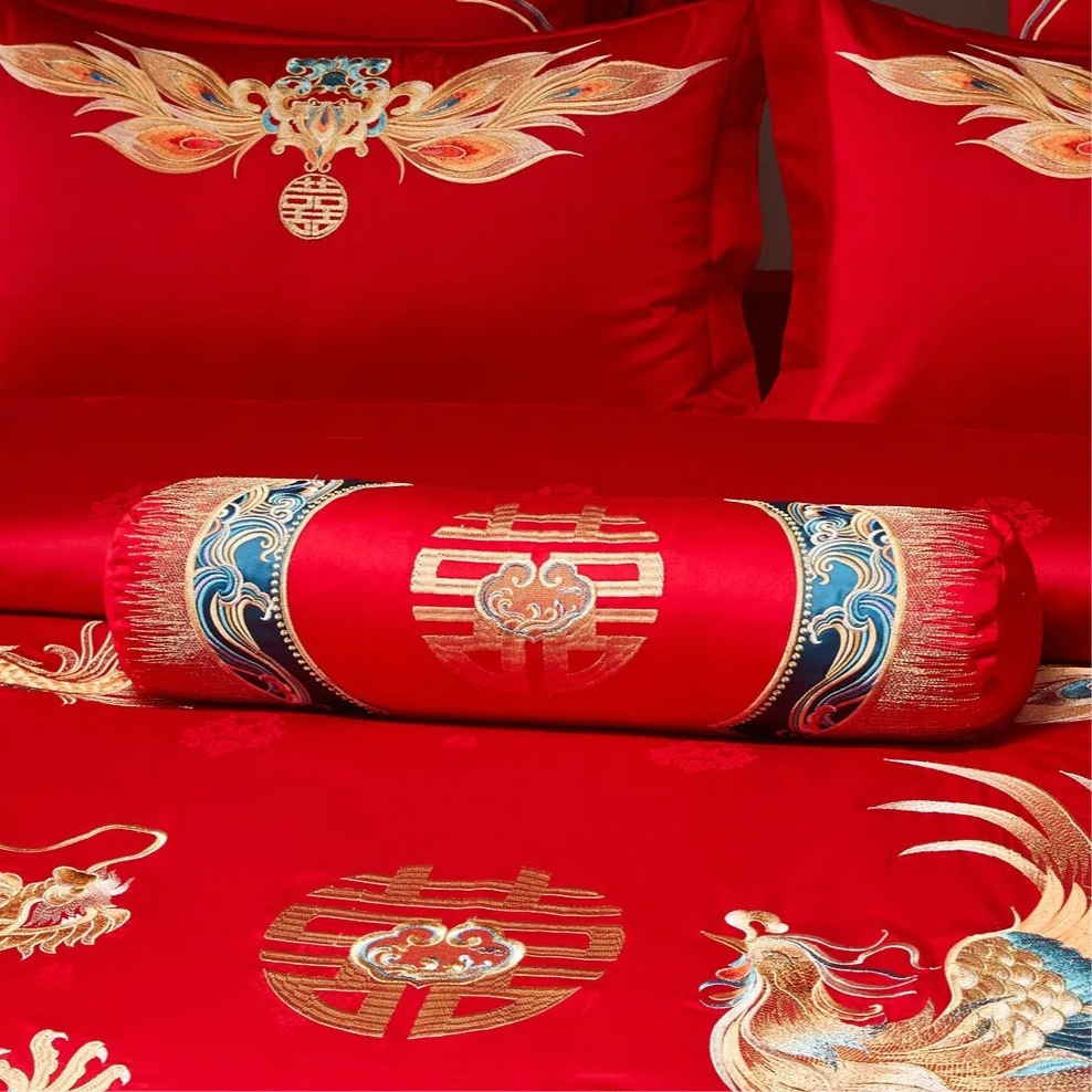 Embroidered DOUBLE HAPPINESS in Gold Decorative Bolster Throw Pillow with Detachable Zipper Cases in 12 Luxurious Designs