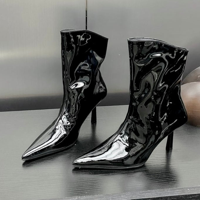 2024 AW Patent Leather Pointed Toe High Heel Mid Boots in 3 Trendy Colours