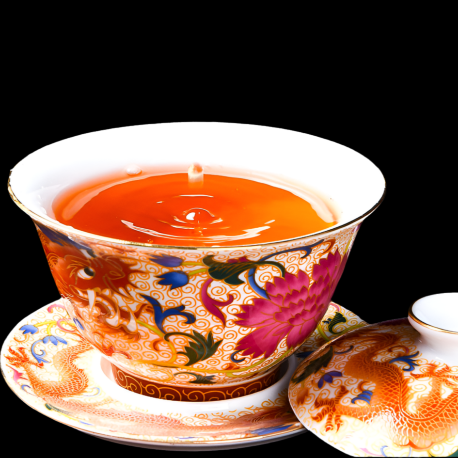 طقم كوب شاي مع غطاء وصحن من مينا بروسيلين؛ تنين / طائر الفينيق / وان هوا 