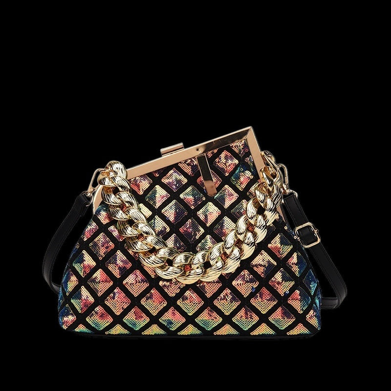 2025 Sequin Metallic Textured Metal Chain Convertible Shoulder Strap Handbag in 5 Trendy Colours