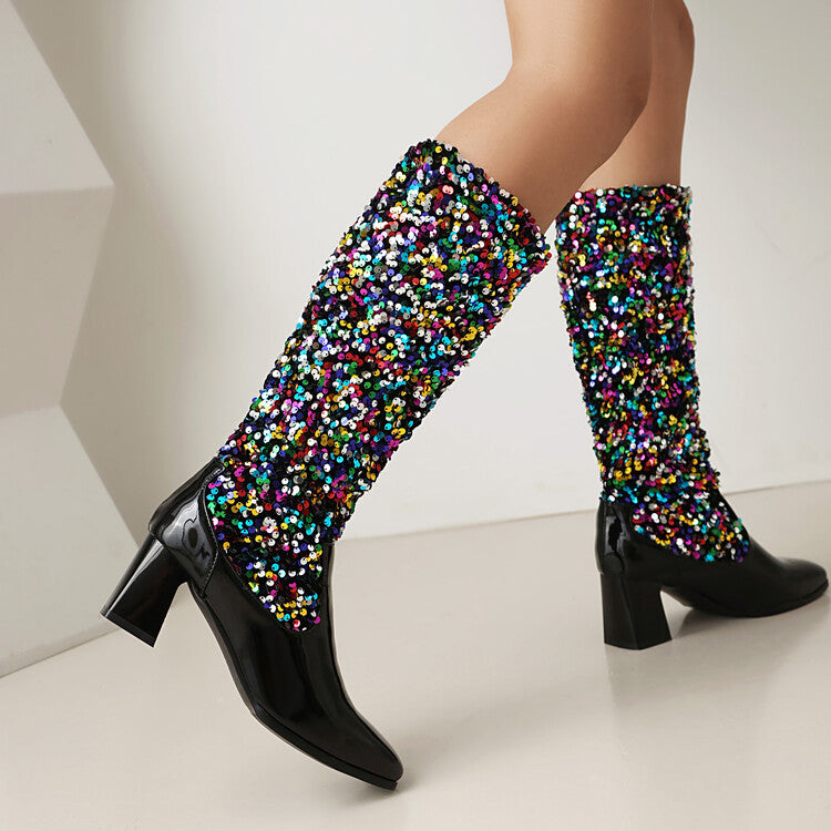 Plush Inner Lining Sequin Square Front Patent Leather Knee High Boots w/ 6 cm Heels (Customization)