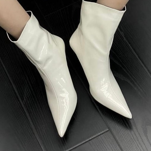 2024 AW Patent Leather Pointed Toe High Heel Mid Boots in 3 Trendy Colours