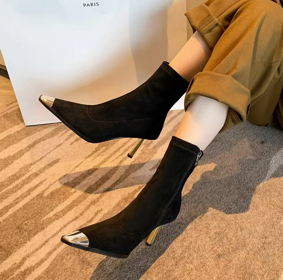 2024 AW High Heel Metal Square Toe Highly Stretchy Ankle Boots