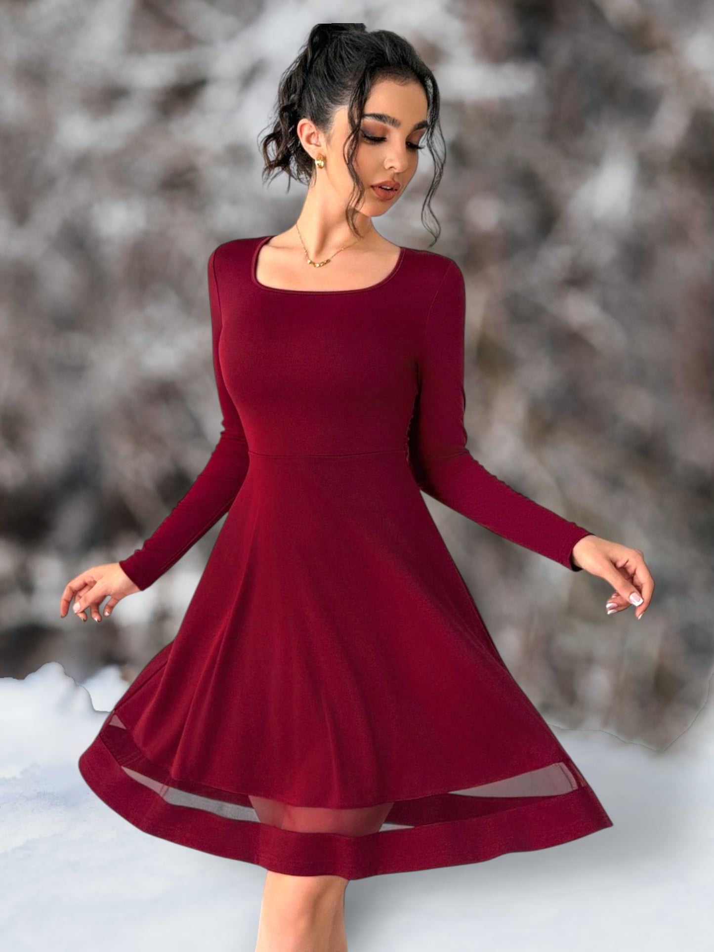 Square Neck Long Sleeve Mini Dress in Burgundy / Black