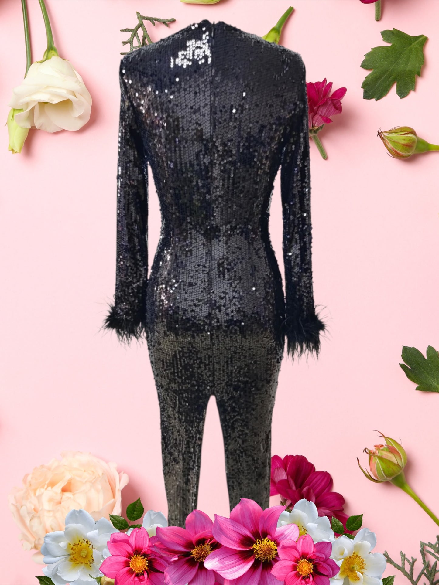 Luxury Sequin Feather Trim Long Sleeves Round Neckline Midi Dress in 2 Colours