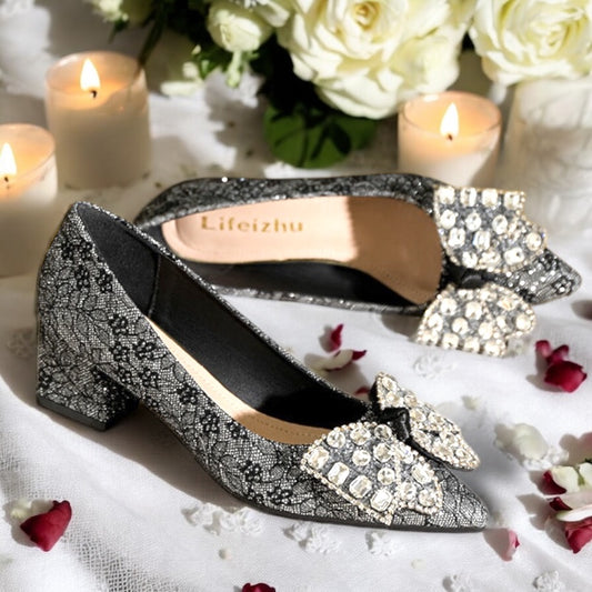 2025SS Metallic Brocade Pointed Toe Block Heels (5 cm) with Gems Decorative Bow in Black and Cream