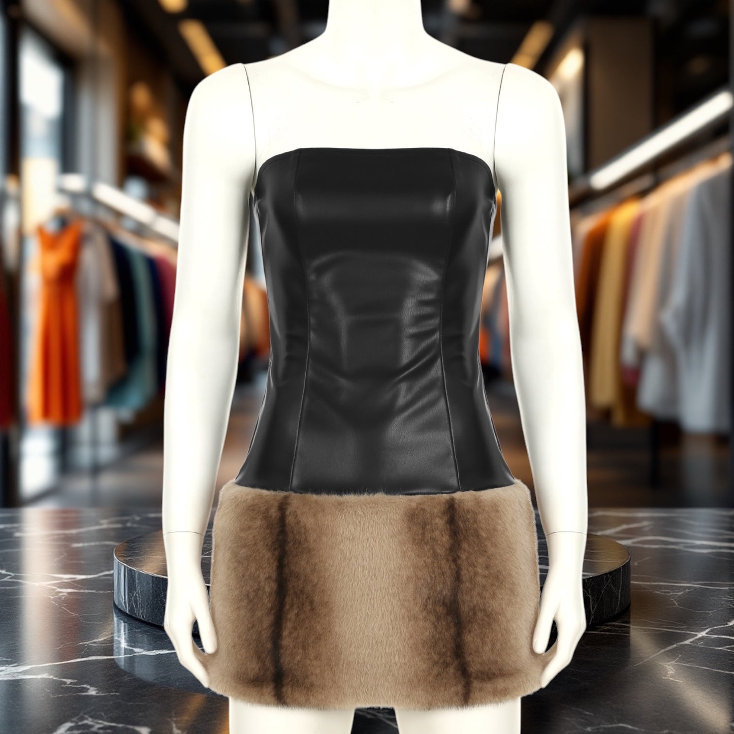 Strapless Stitching Faux Leather Mini Dress with Thermal Fur Bottom