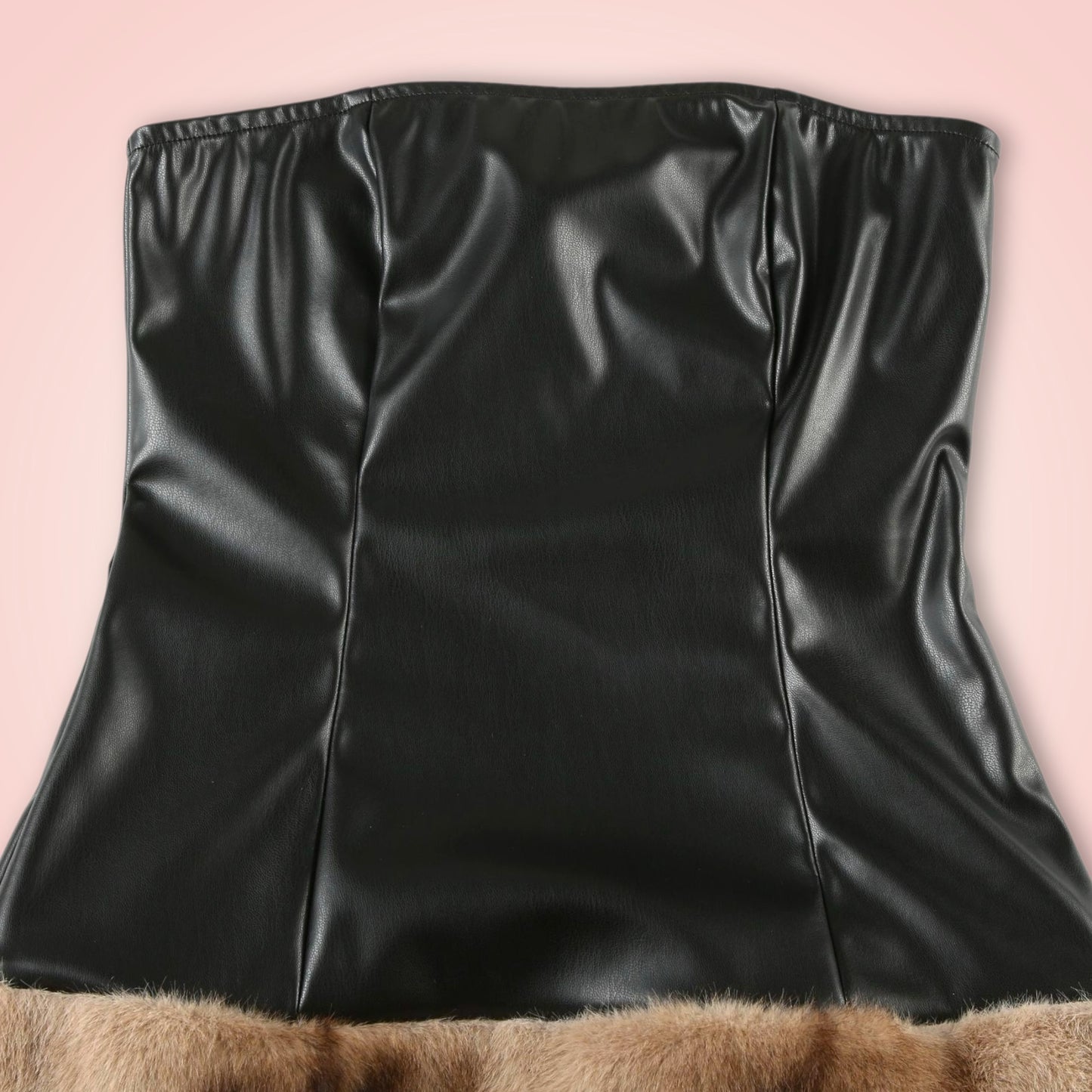 Strapless Stitching Faux Leather Mini Dress with Thermal Fur Bottom