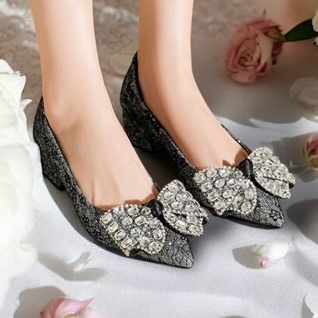 2025SS Metallic Brocade Pointed Toe Block Heels (5 cm) with Gems Decorative Bow in Black and Cream