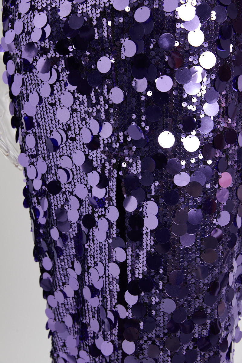 Robe fourreau mi-longue bustier à sequins en violet/noir