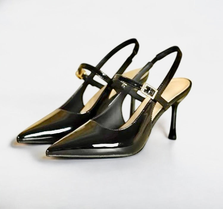 Elegant 8cm Patent Leather Heels with Adjustable & Elastic Straps