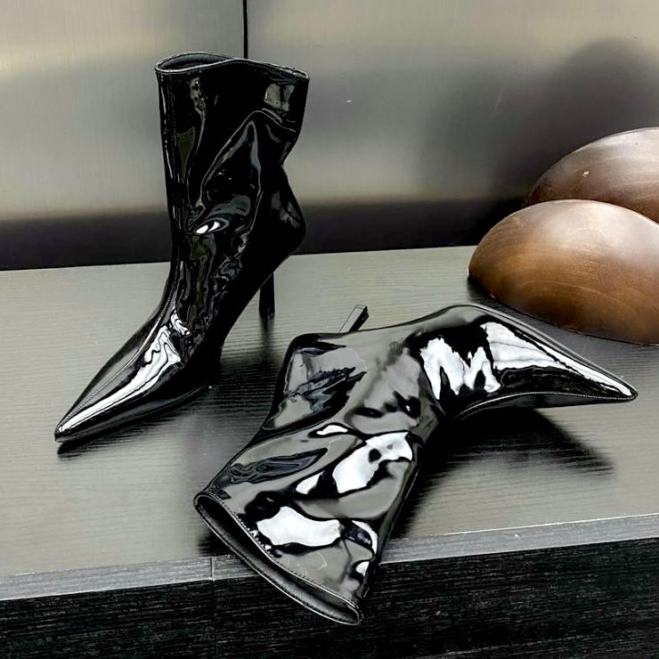 2024 AW Patent Leather Pointed Toe High Heel Mid Boots in 3 Trendy Colours