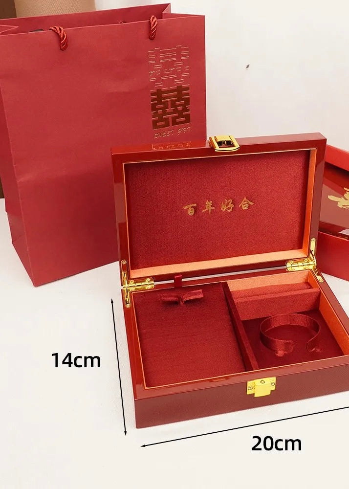 BRIDAL GIFTS ｜DOUBLE HAPPINESS Retangular Lacquer Wooden Jewellery Boxes Velvet Lining with Anti-Oxidation Metal Closure
