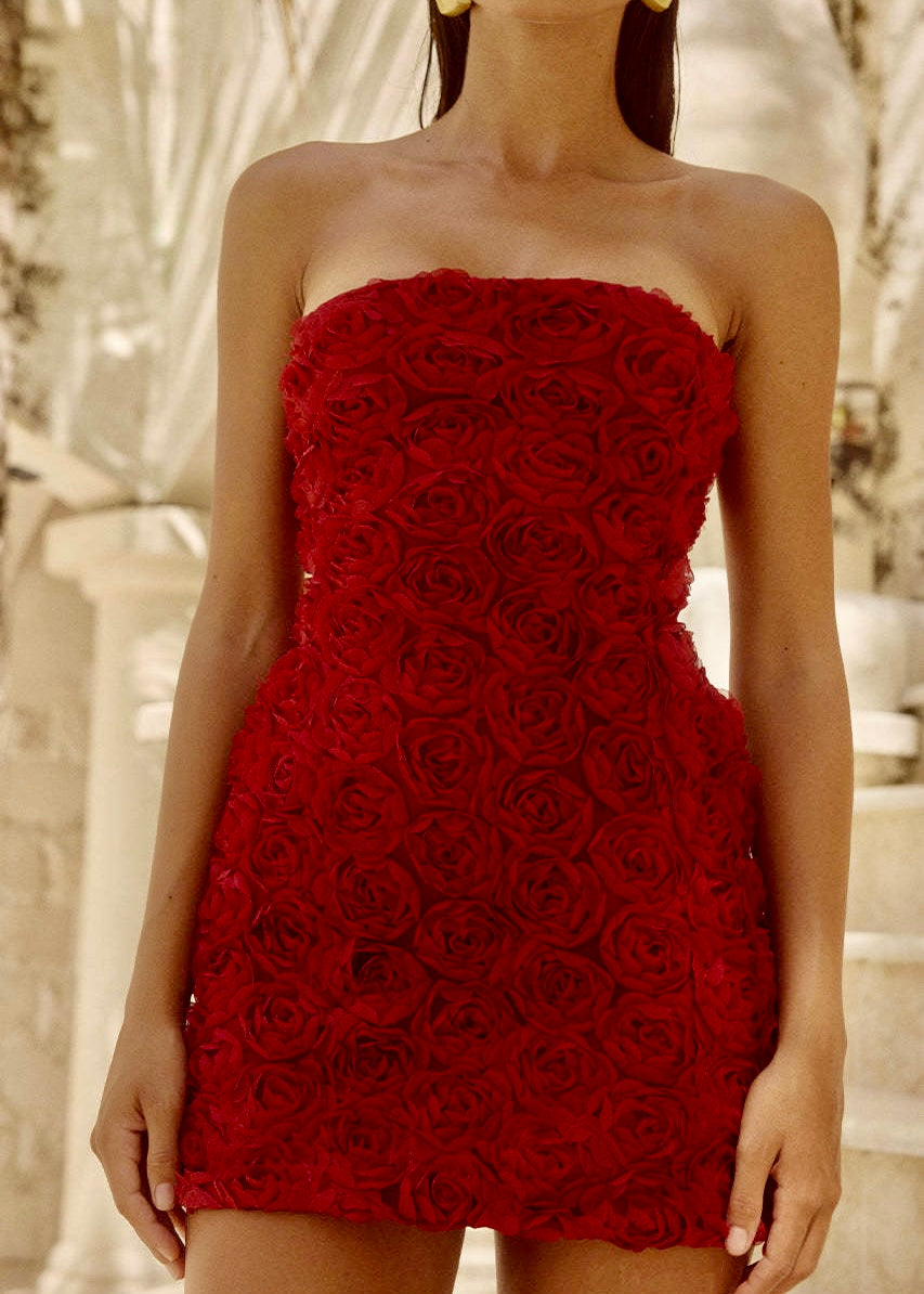 2025SS Elegant 3D Red Rose Petals Strapless Mini Dress