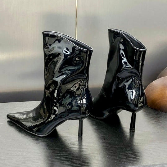 2024 AW Patent Leather Pointed Toe High Heel Mid Boots in 3 Trendy Colours