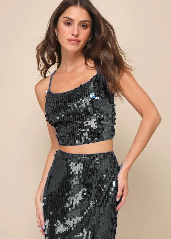 2024 AW Sequin Two-piece Cami & Split Maxi Skirt Set in 3 Colours