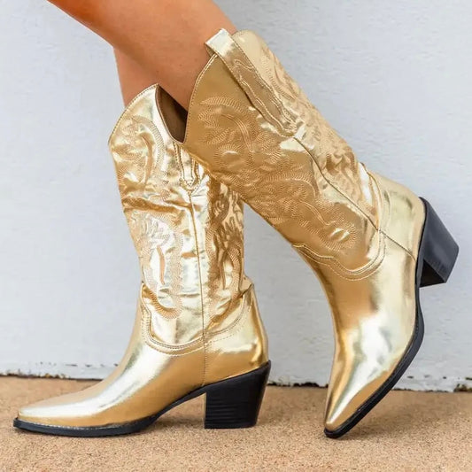 COWBOY PARTY | Chmury Metallic Embroidered Chunky Heels Cowboy Boots in 4 Flashy Colours