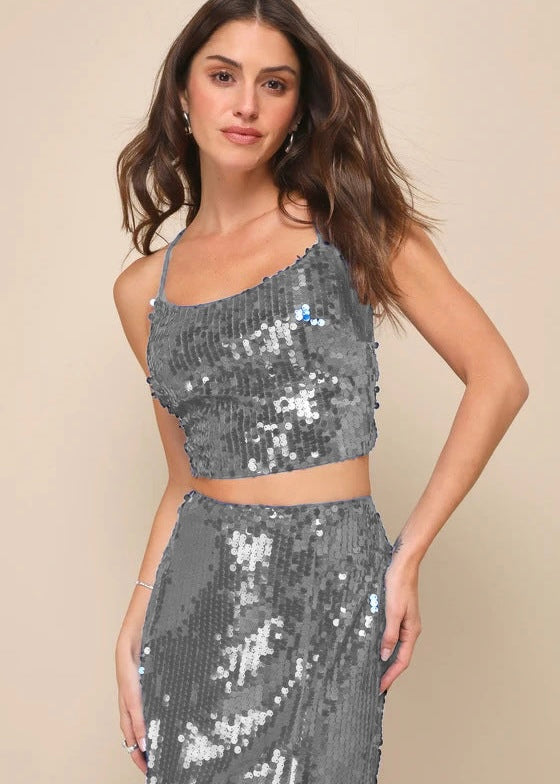 2024 AW Sequin Two-piece Cami & Split Maxi Skirt Set in 3 Colours