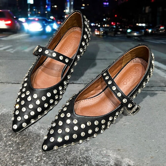 2025SS Rhinestone Studs Pointed Toe Flat Shoes with Adjustable Strap in Gold Sliver / Black / Cream