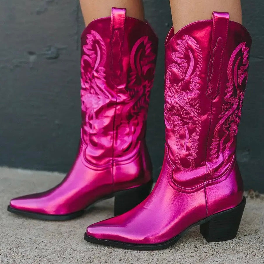COWBOY PARTY | Chmury Metallic Embroidered Chunky Heels Cowboy Boots in 4 Flashy Colours