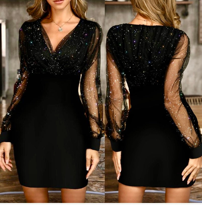 Robe courte à paillettes à col en V et coupe ajustée avec manches longues semi-transparentes scintillantes en 2 couleurs 