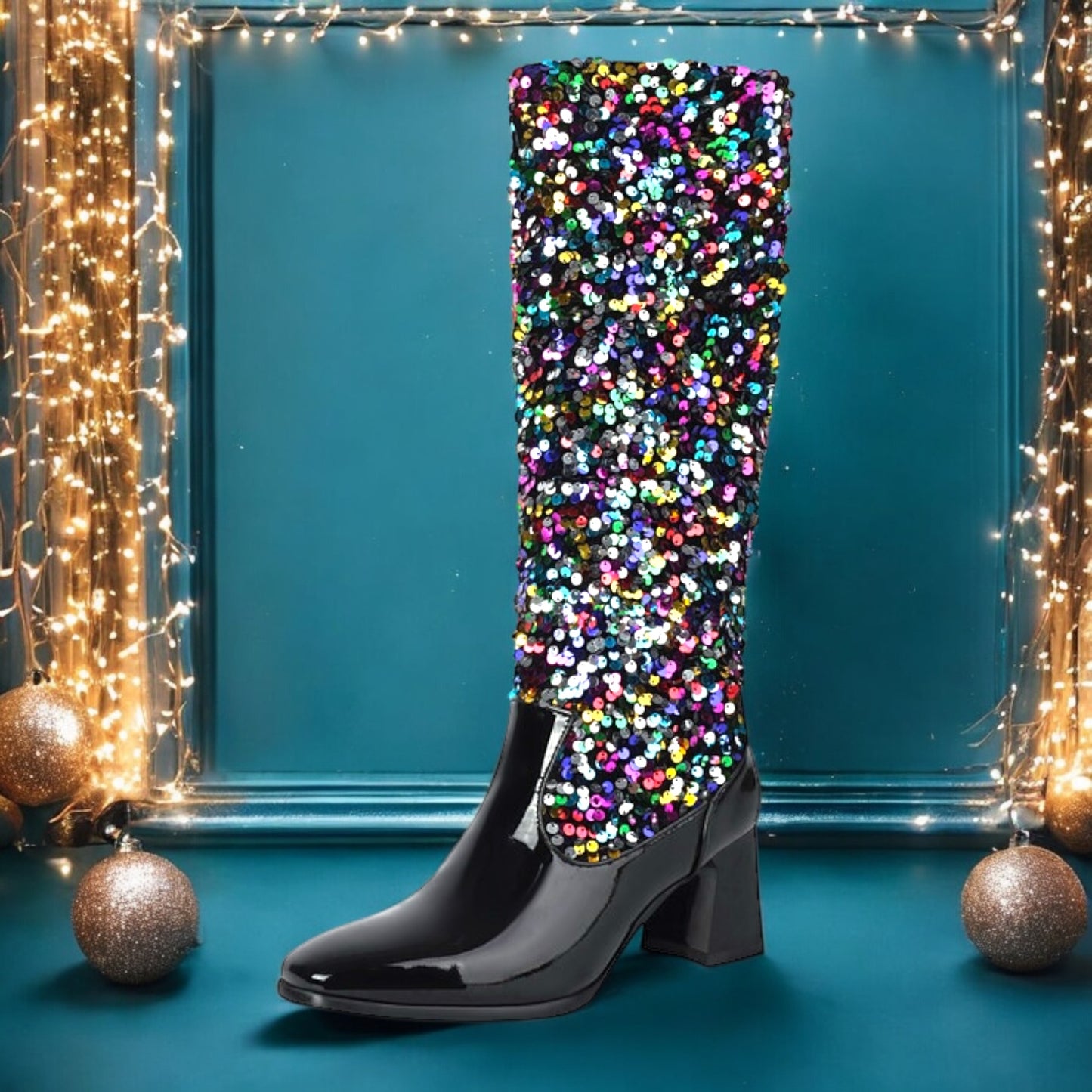 Plush Inner Lining Sequin Square Front Patent Leather Knee High Boots w/ 6 cm Heels (Customization)