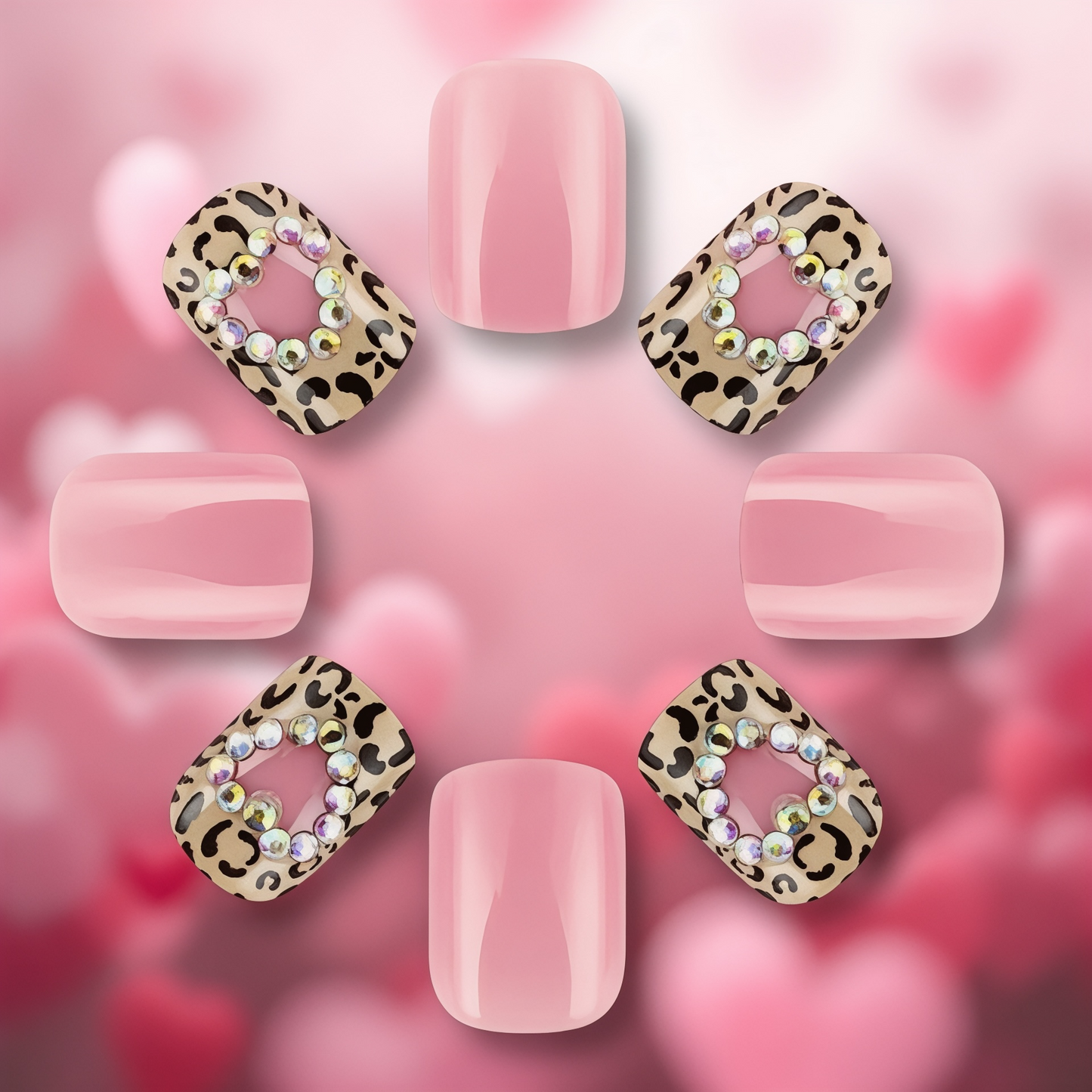 2025 Valentine’s Day Pink & Leopard Print with Rhinestones Glue-On Fake Nail Set of 24 （Glue & Rubbed Strips Included)