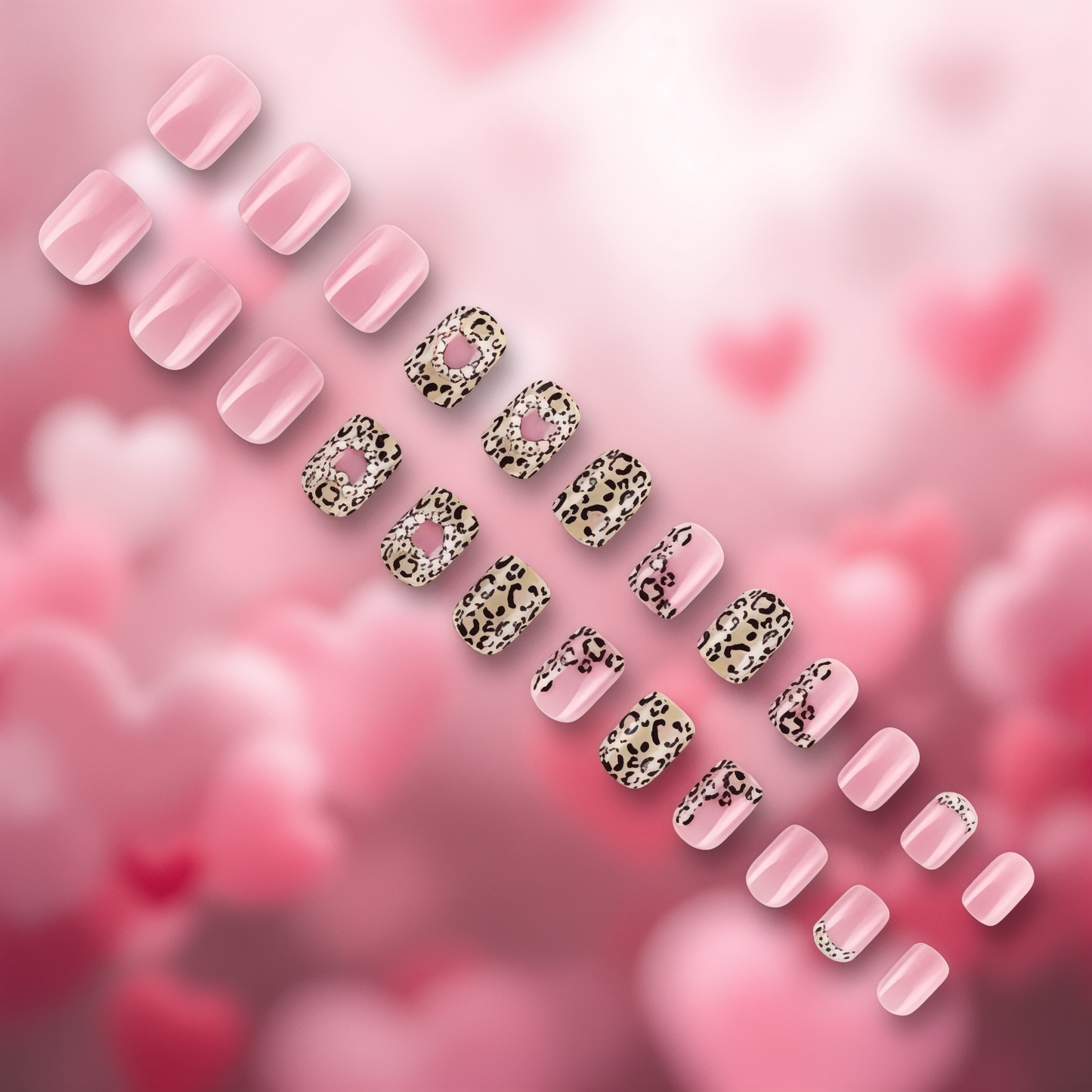 2025 Valentine’s Day Pink & Leopard Print with Rhinestones Glue-On Fake Nail Set of 24 （Glue & Rubbed Strips Included)