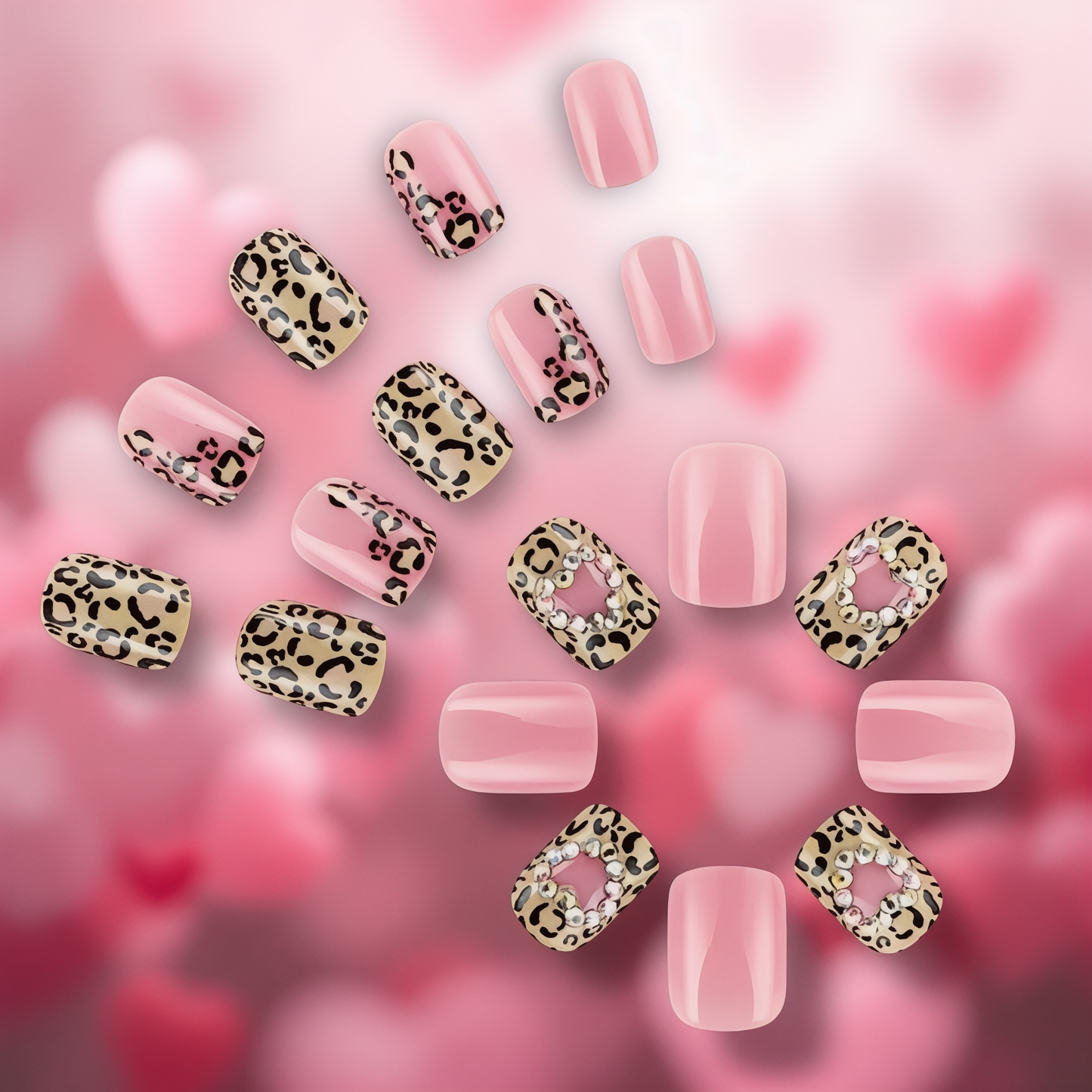 2025 Valentine’s Day Pink & Leopard Print with Rhinestones Glue-On Fake Nail Set of 24 （Glue & Rubbed Strips Included)