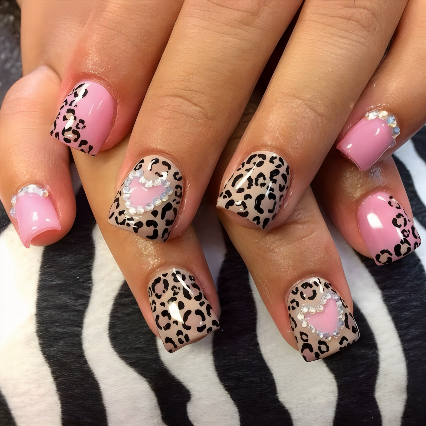 2025 Valentine’s Day Pink & Leopard Print with Rhinestones Glue-On Fake Nail Set of 24 （Glue & Rubbed Strips Included)